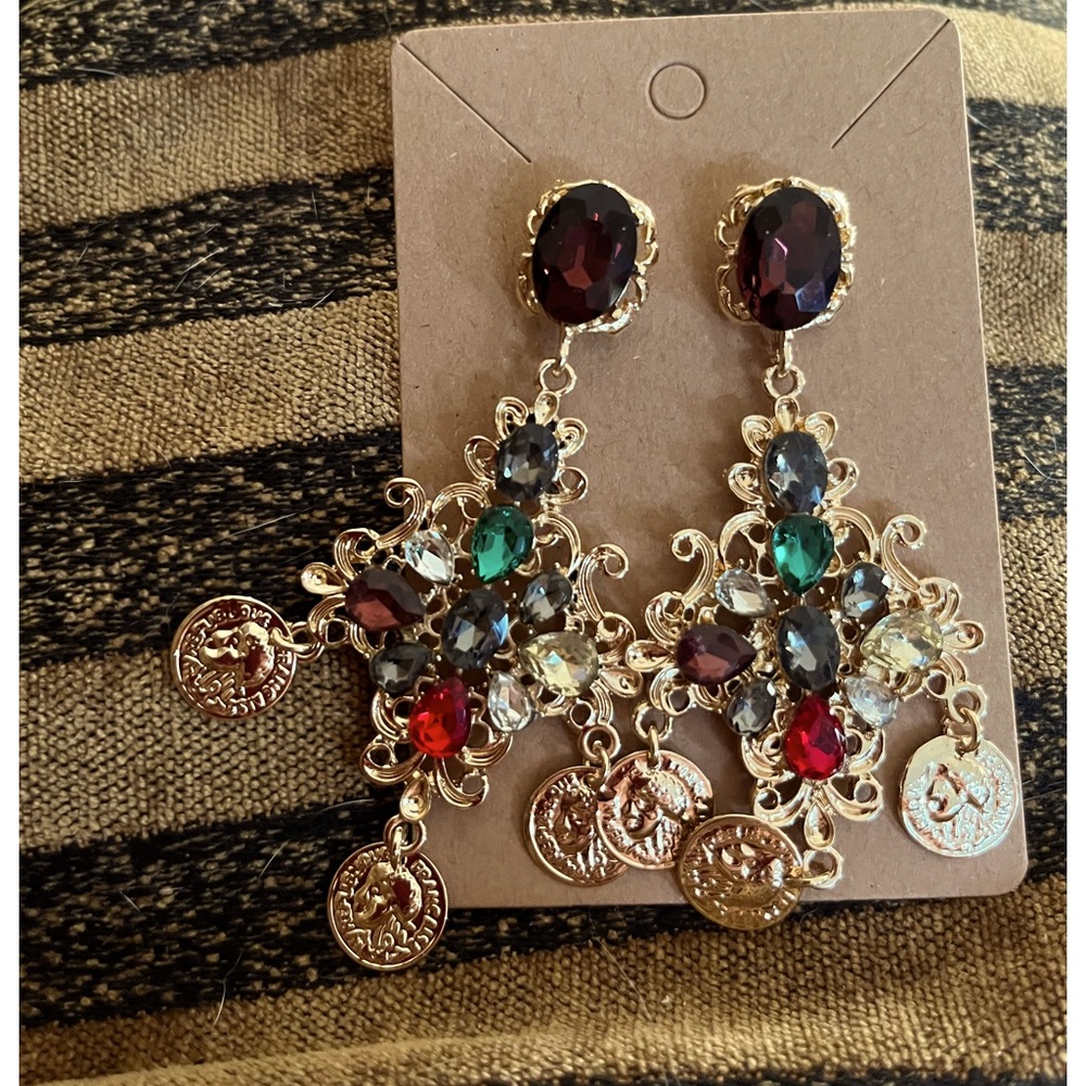 Gorgeous Amrita Singh Chandelier Multicolored Gem and Gold Coin Earrings